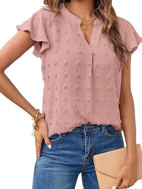 Women's Pink Summer V Neck Ruffle Dot Flowy Shirt Short Sleeve casual Blouses
